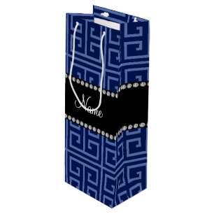 Personalised name navy blue greek key pattern wine gift bag