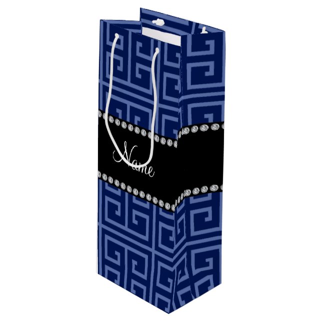 Personalised name navy blue greek key pattern wine gift bag (Front Angled)