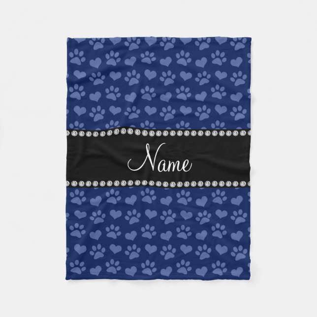 Personalised name navy blue hearts and paw prints fleece blanket (Front)