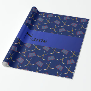 Personalised name navy blue hockey pattern wrapping paper