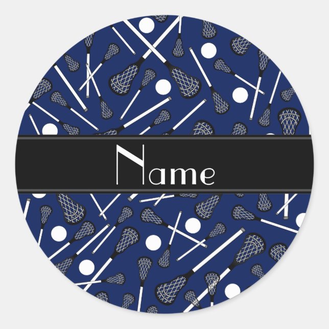 Personalised name navy blue lacrosse classic round sticker (Front)