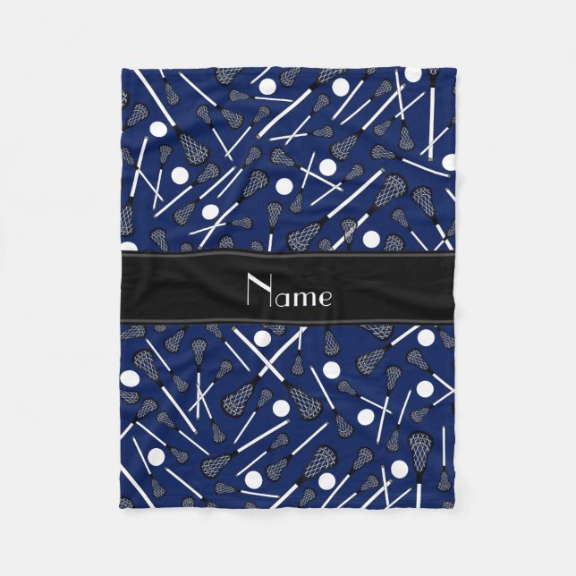 Personalised name navy blue lacrosse fleece blanket (Front)