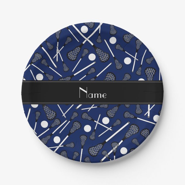 Personalised name navy blue lacrosse paper plate (Front)