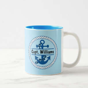 Personalised Name Navy Blue Nautical Anchor Marine Two-Tone Coffee Mug