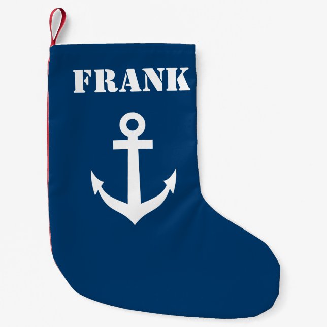 Personalised name navy blue nautical boat anchor small christmas stocking (Front)