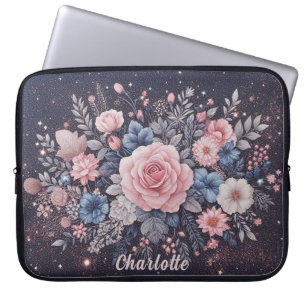 Personalised Name Navy Blue pink Glitter Flowers Laptop Sleeve