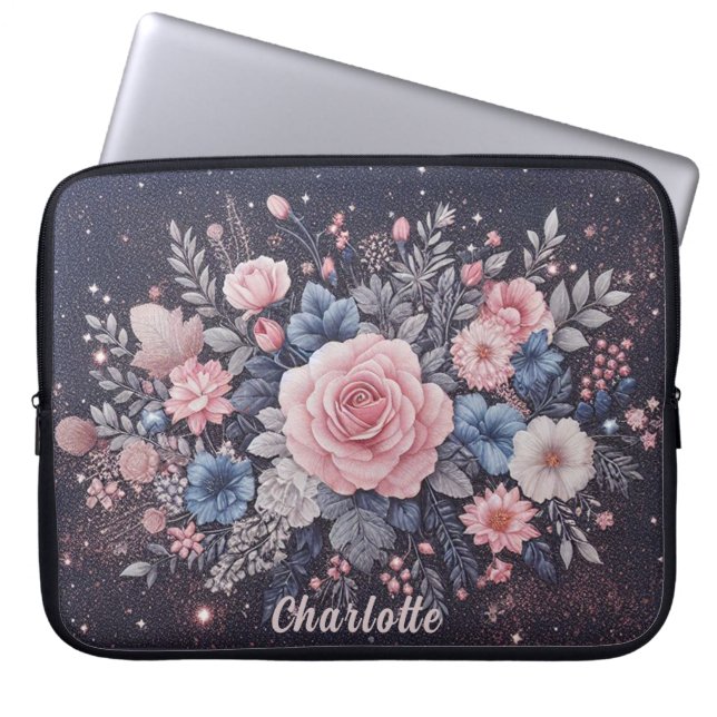 Personalised Name Navy Blue pink Glitter Flowers Laptop Sleeve (Front)