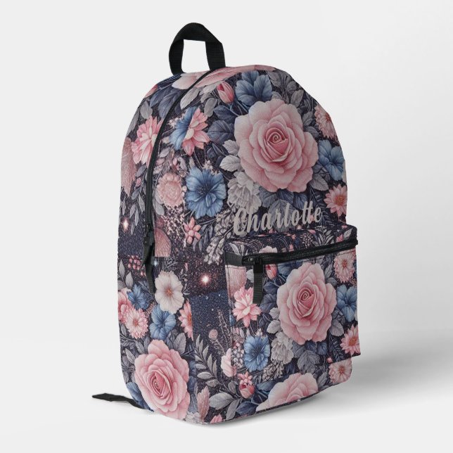 Personalised Name Navy Blue pink Glitter Flowers Printed Backpack (Back Corner Left)