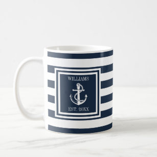 Personalised Name Navy Blue Stripe Nautical Anchor Coffee Mug