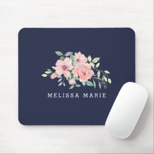 Personalised Name Navy Floral Watercolor Mouse Mat