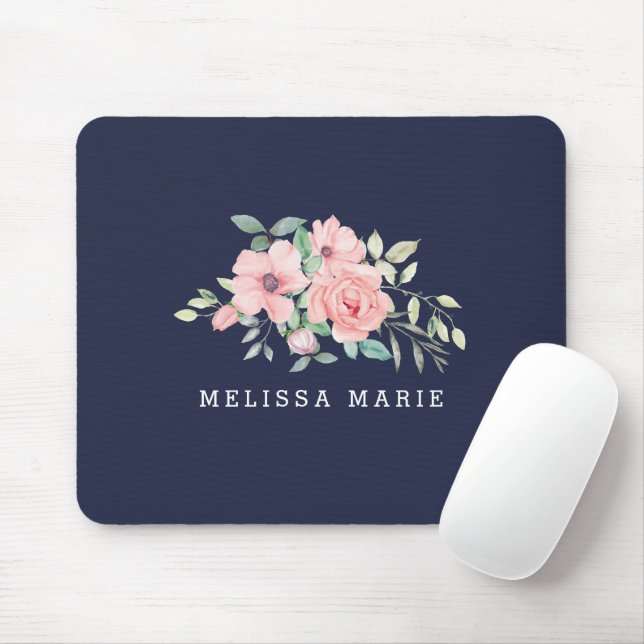 Personalised Name Navy Floral Watercolor Mouse Mat (With Mouse)