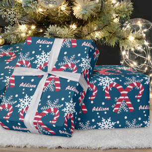 Personalised Name Navy Snowflake Candy Cane Gift Wrapping Paper