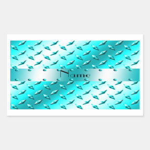 Personalised name neon blue diamond plate steel rectangular sticker