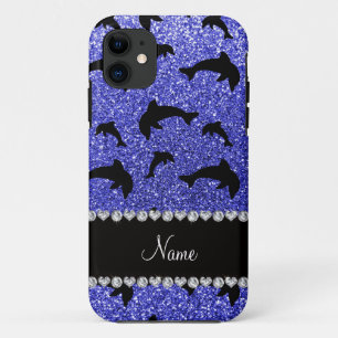 Personalised name neon blue glitter dolphins iPhone 11 case