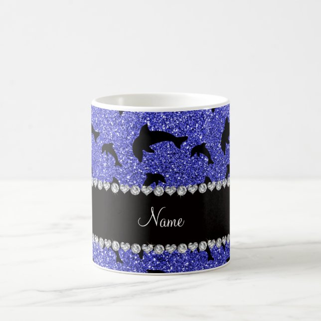 Personalised name neon blue glitter dolphins coffee mug (Center)