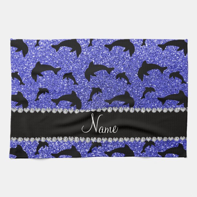 Personalised name neon blue glitter dolphins tea towel (Horizontal)