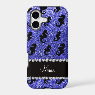 Personalised name neon blue glitter seahorses