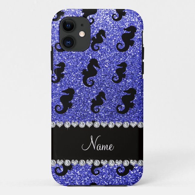 Personalised name neon blue glitter seahorses Case-Mate iPhone case (Back)