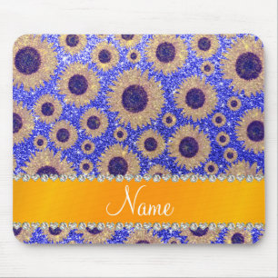Personalised name neon blue glitter sunflowers mouse mat