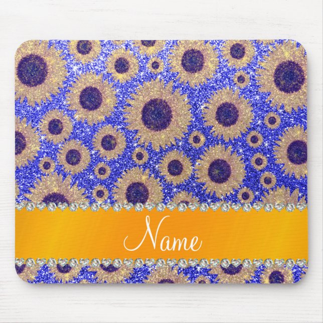 Personalised name neon blue glitter sunflowers mouse mat (Front)