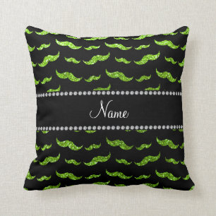 Personalised name neon green glitter moustaches cushion