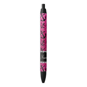 Personalised name neon hot pink glitter anchors black ink pen