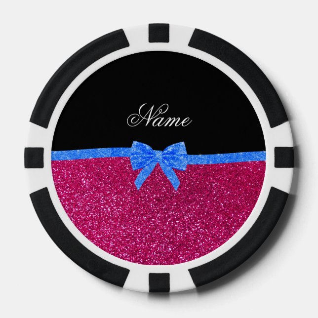 Personalised name neon hot pink glitter blue bow poker chips (Front)