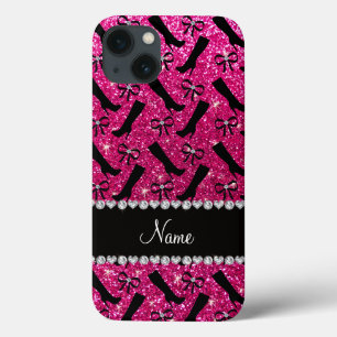 Personalised name neon hot pink glitter boots bows iPhone 13 case