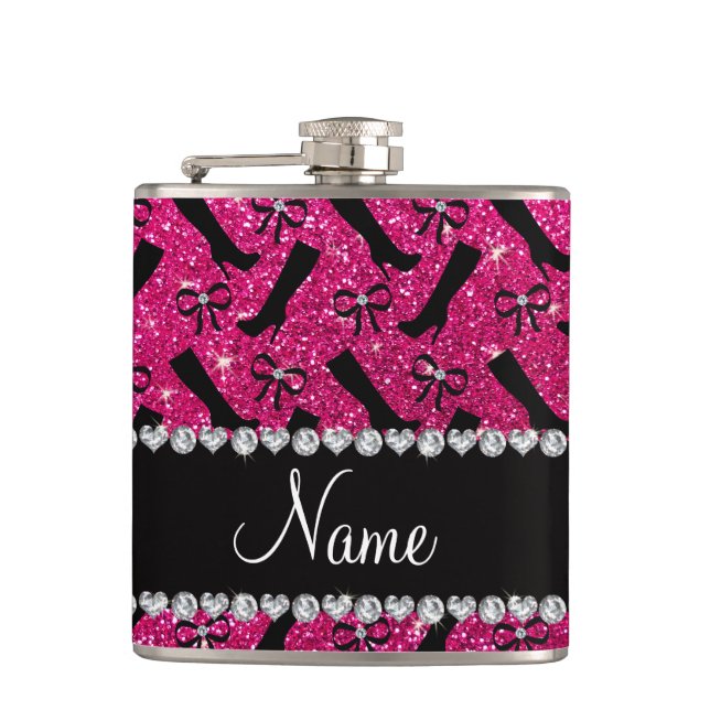 Personalised name neon hot pink glitter boots bows hip flask (Front)