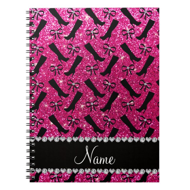 Personalised name neon hot pink glitter boots bows notebook (Front)