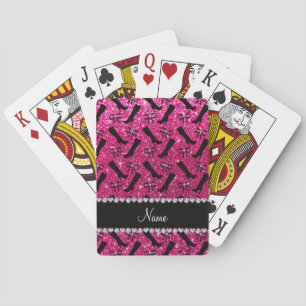 Personalised name neon hot pink glitter boots bows playing cards