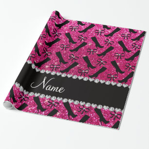Personalised name neon hot pink glitter boots bows wrapping paper