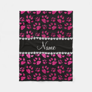 Personalised name neon hot pink glitter cat paws fleece blanket