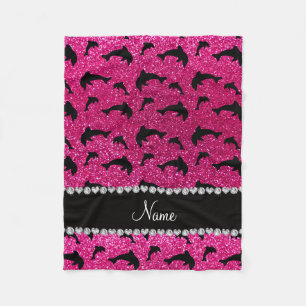Personalised name neon hot pink glitter dolphins fleece blanket