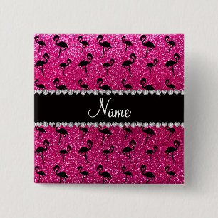 Personalised name neon hot pink glitter flamingos 15 cm square badge