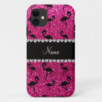 Personalised name neon hot pink glitter flamingos