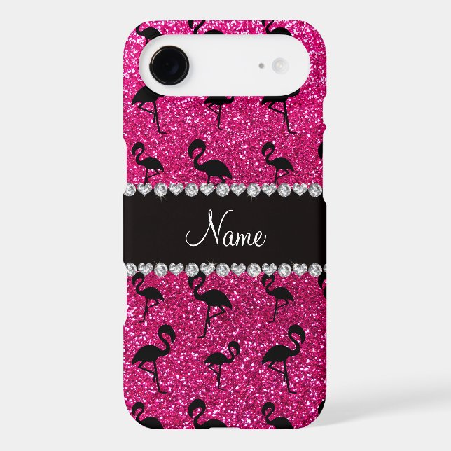 Personalised name neon hot pink glitter flamingos Case-Mate iPhone case (Back)