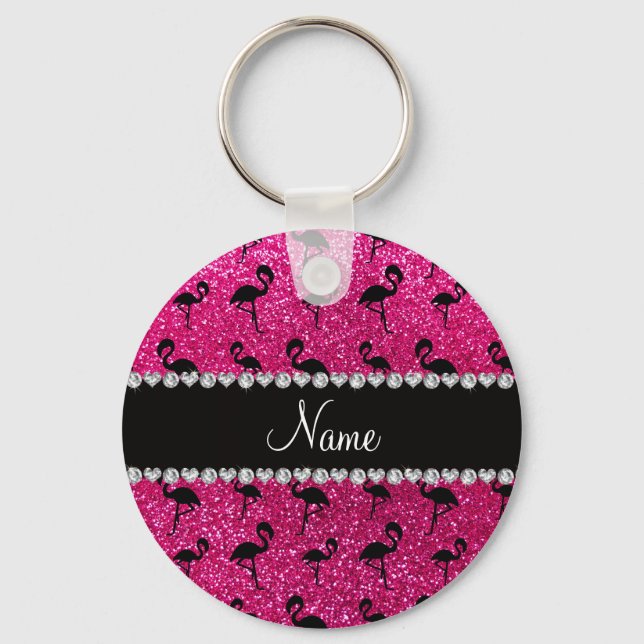 Personalised name neon hot pink glitter flamingos key ring (Front)