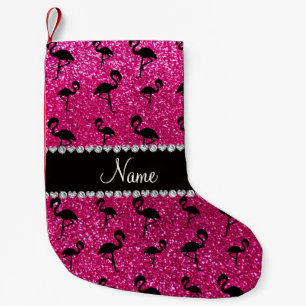 Personalised name neon hot pink glitter flamingos small christmas stocking