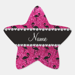 Personalised name neon hot pink glitter flamingos star sticker