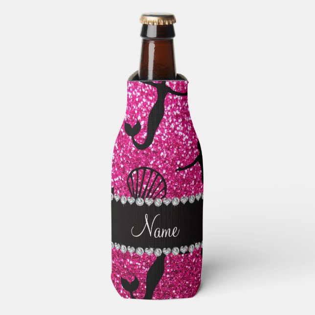 Personalised name neon hot pink glitter mermaids bottle cooler (Bottle Front)
