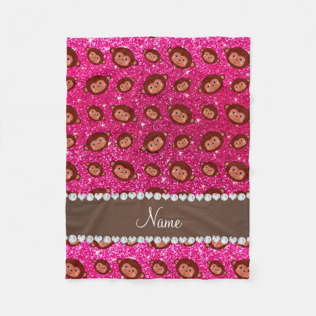 Personalised name neon hot pink glitter monkeys fleece blanket (Front)