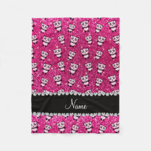 Personalised name neon hot pink glitter pandas fleece blanket