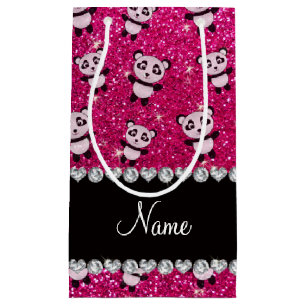 Personalised name neon hot pink glitter pandas small gift bag