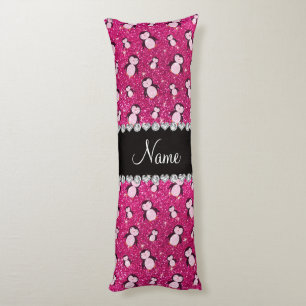 Personalised name neon hot pink glitter penguins body cushion