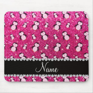 Personalised name neon hot pink glitter penguins mouse mat