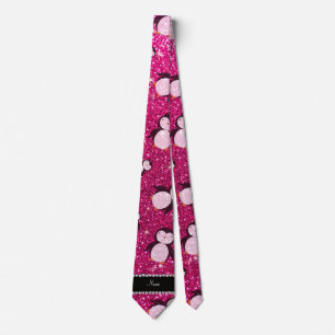Personalised name neon hot pink glitter penguins tie