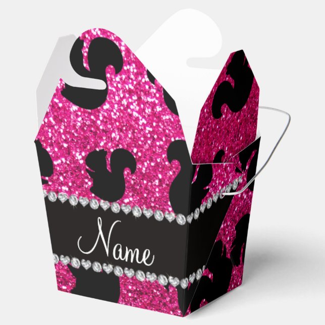Personalised name neon hot pink glitter squirrel favour box (Opened)