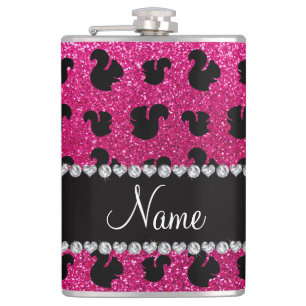 Personalised name neon hot pink glitter squirrel hip flask