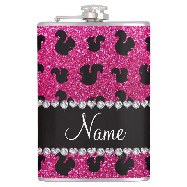 Personalised name neon hot pink glitter squirrel hip flask (Front)